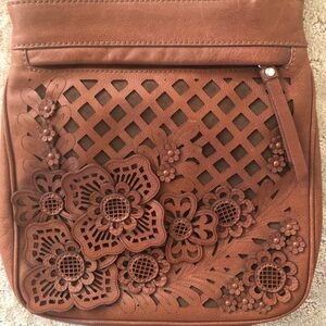 Brighton Masterpiece Gorgeous Brown Leather Floral Cutout Crossbody